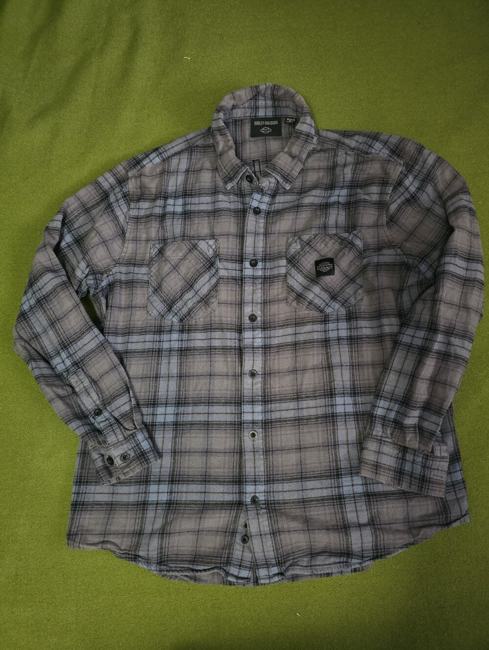 Harley Davidson Men’s Gray and Light Blue Plaid Work Shirt